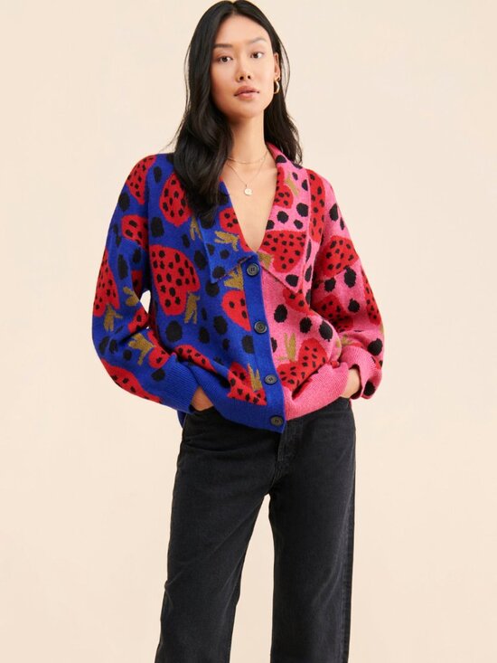 FARM Rio Sweaters - FARM Rio Strawberry Hearts Cardigan Sweater – Pink & Blue Split Print (Size M)